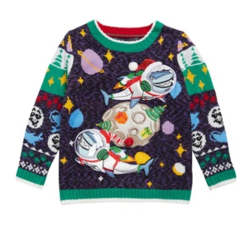 New 33 Degrees Boy's Kids Space Shark Christmas Sweater Dinosaur Size 6